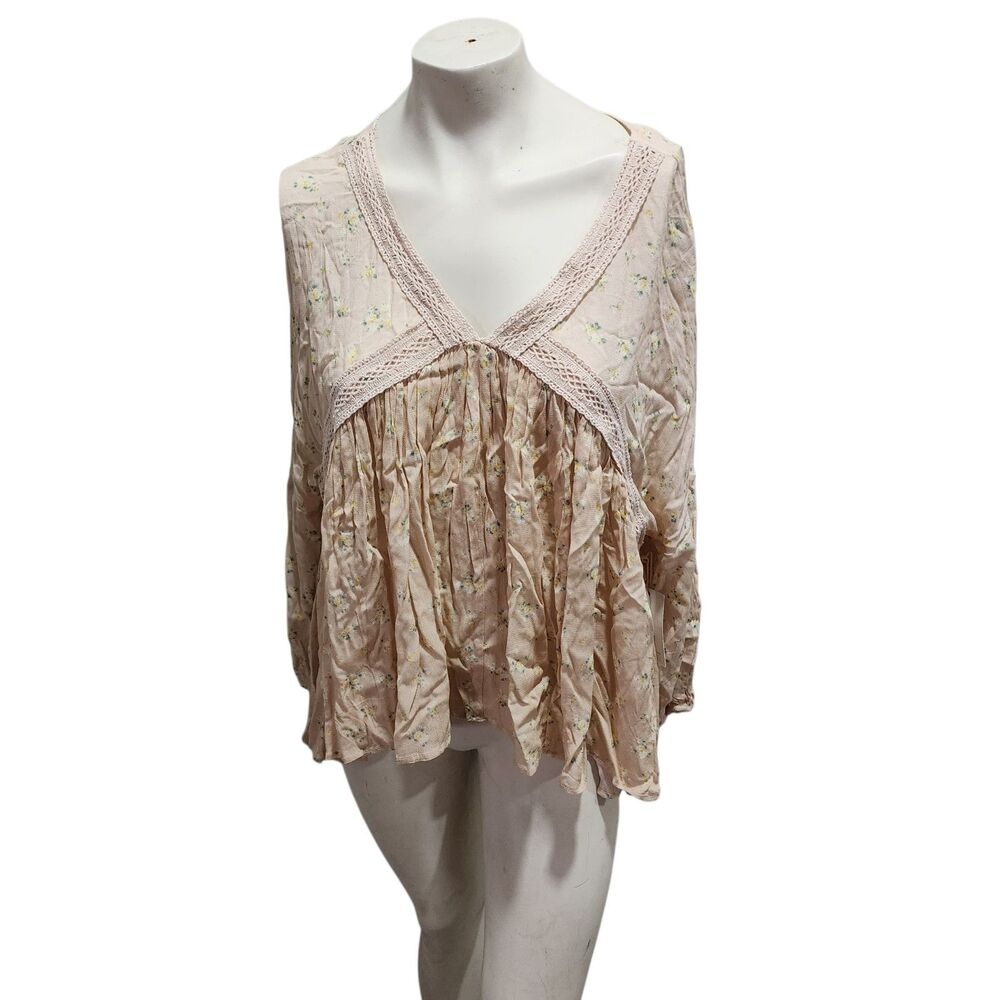 A Collective Story Boho Floral Peasant‎ Top Size M Pink Lace Trim Flowy Long Top